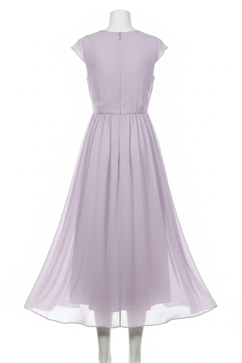 Lavender chiffon midi dress - back view on mannequin