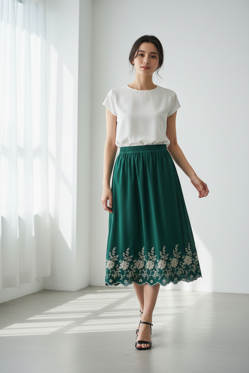 Forest green embroidered midi skirt - model front view