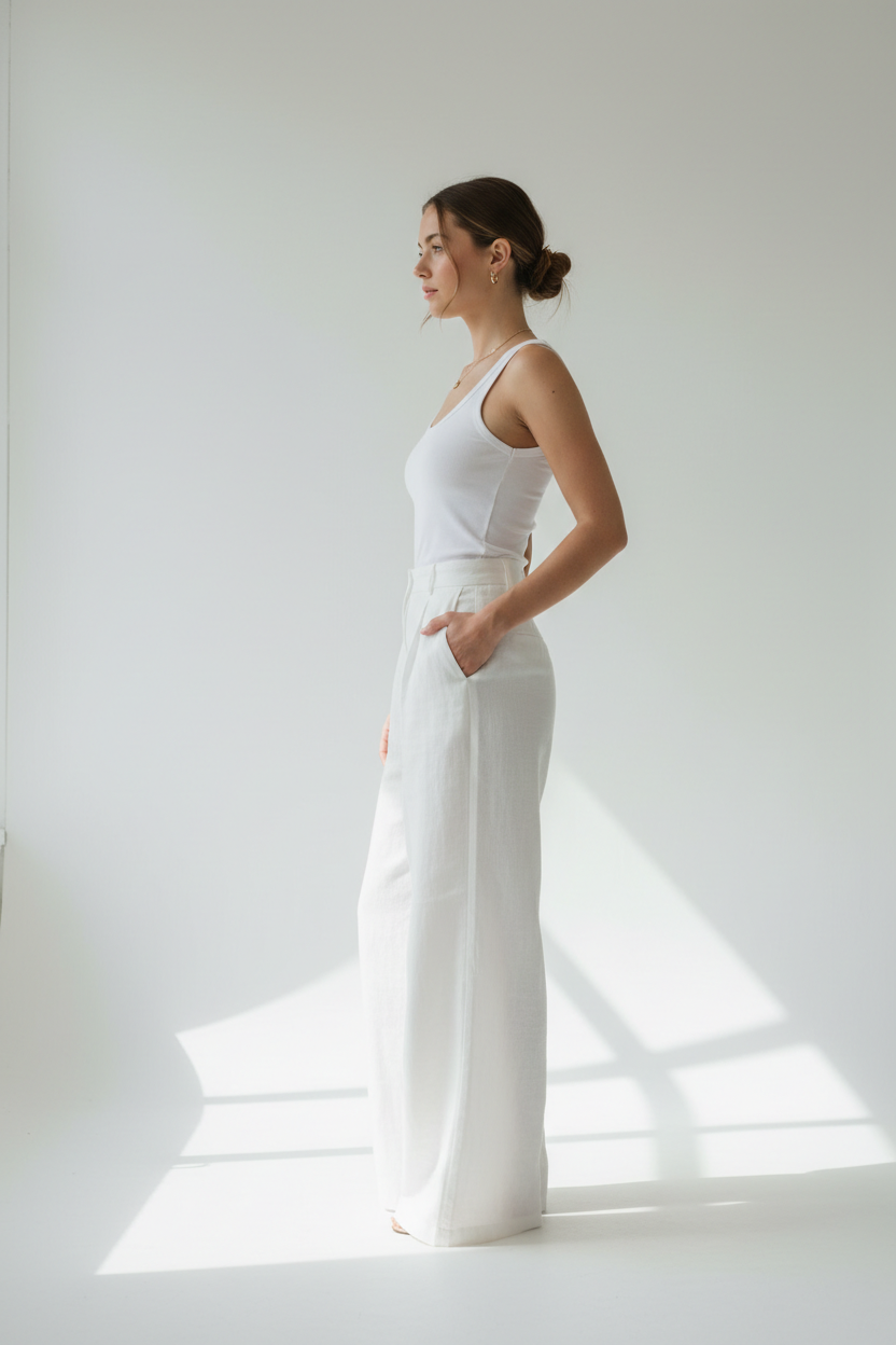 White wide-leg linen trousers - model side view