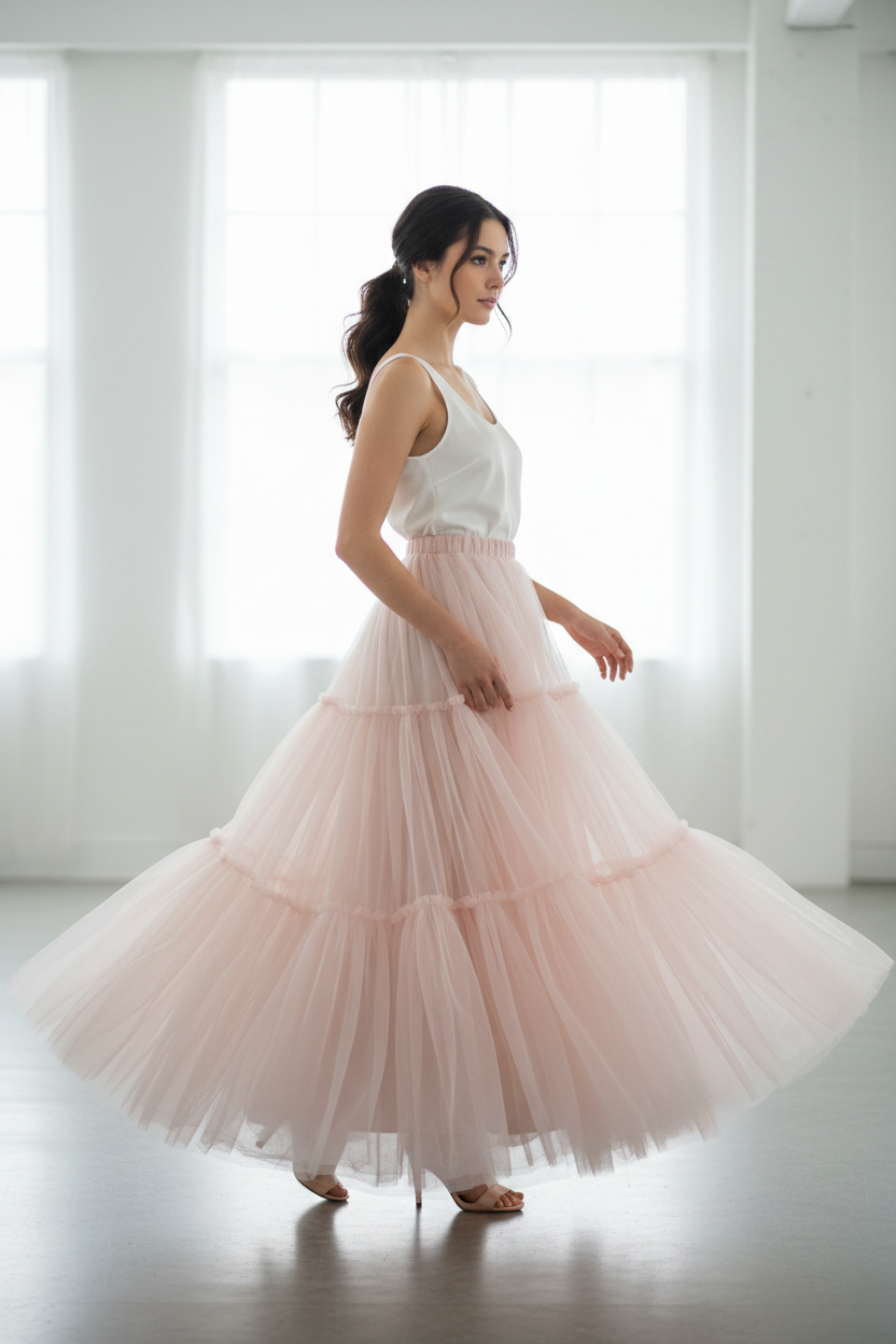 Blush pink tulle maxi skirt - model side view
