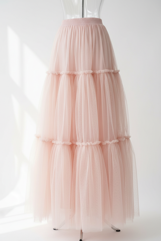Blush pink tulle maxi skirt - front view 2 angled showing volume