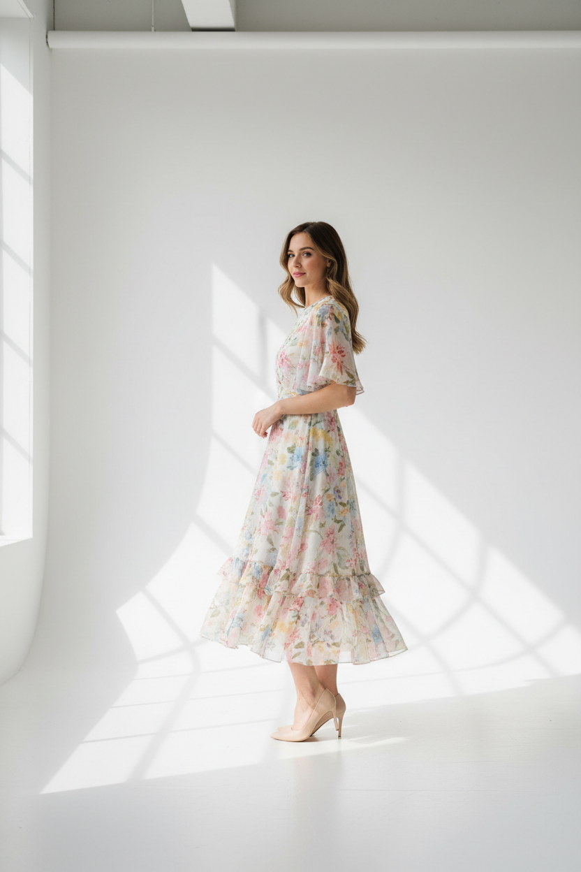 Pastel floral chiffon tiered midi dress - model side view