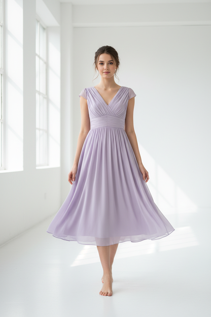 Lavender chiffon midi dress - model front view