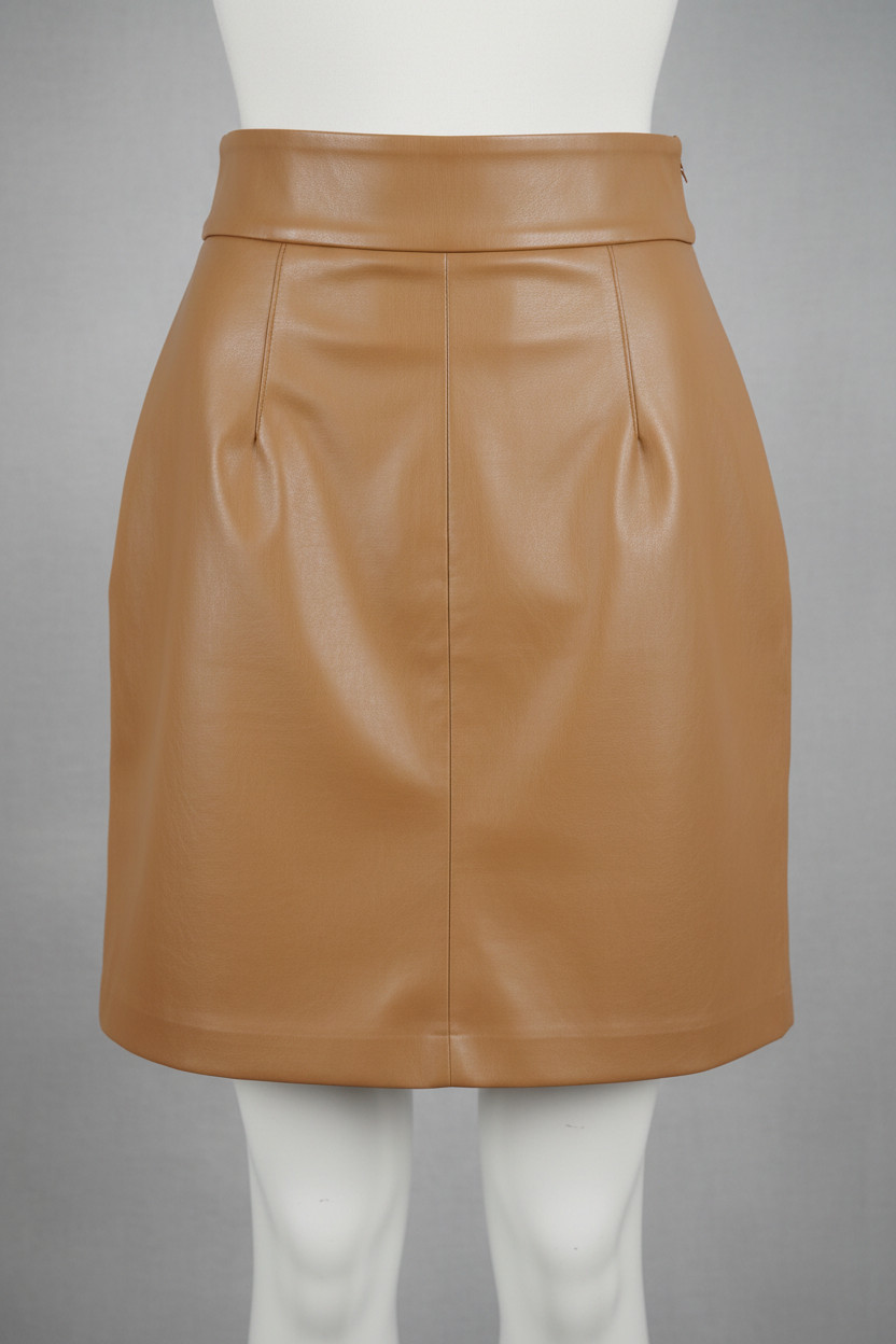 Camel faux leather mini skirt - front view 1 on mannequin stand