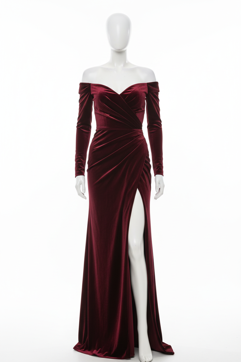 Burgundy velvet evening gown - front view 2 on mannequin white background