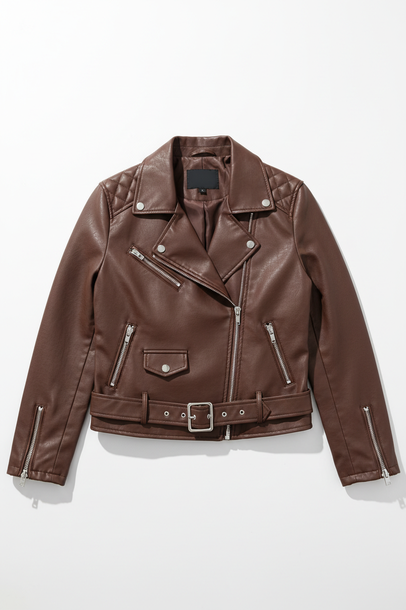Chocolate brown biker jacket - front view 1 flat lay