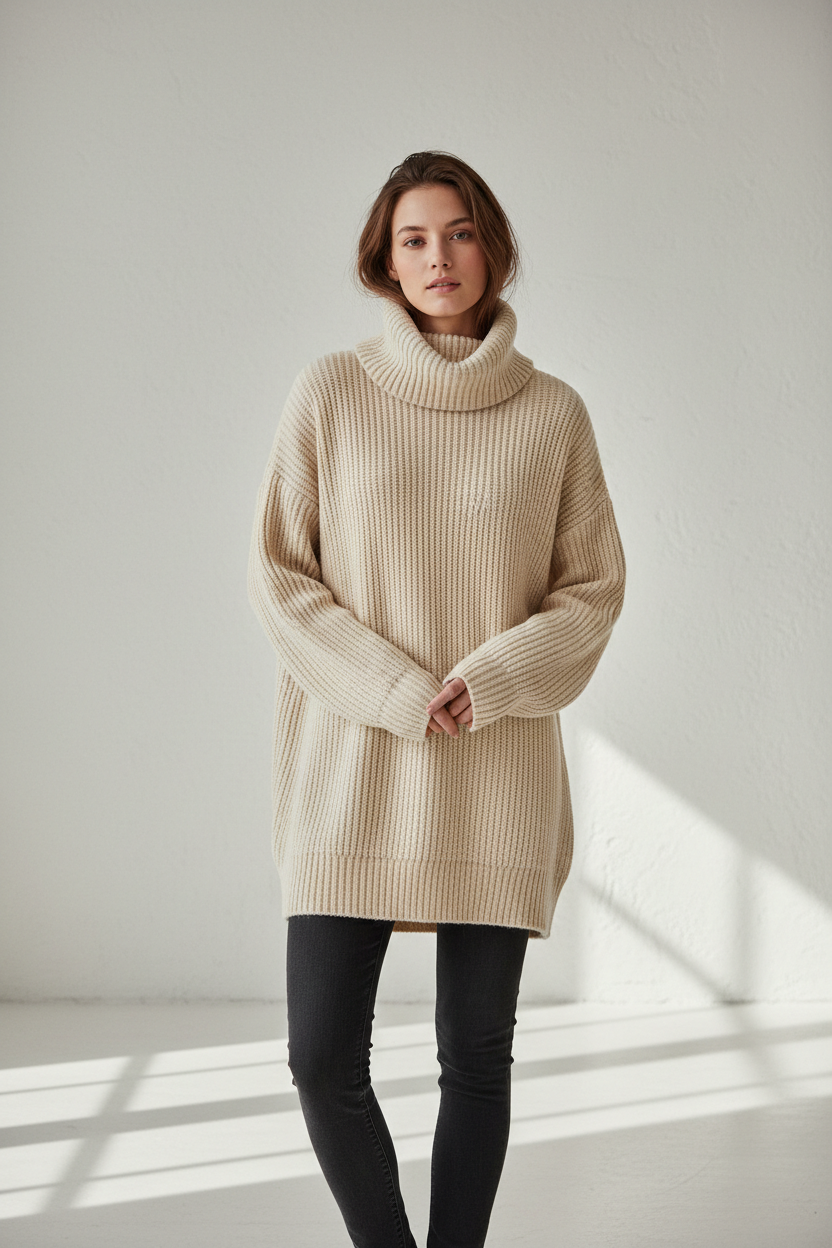 Oatmeal ribbed turtleneck sweater - model front view