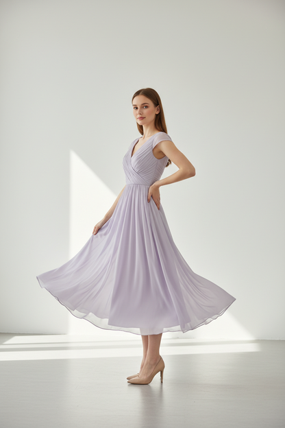 Lavender chiffon midi dress - model side view
