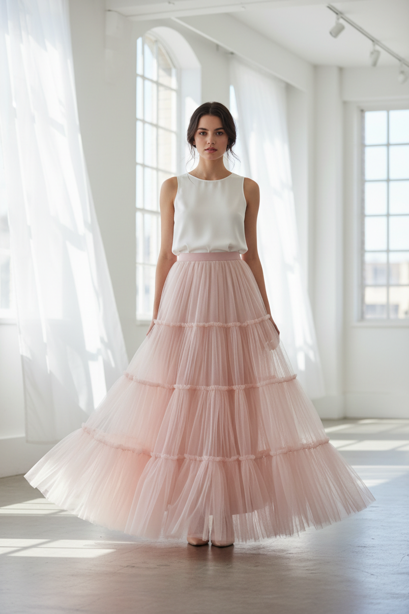 Blush pink tulle maxi skirt - model front view