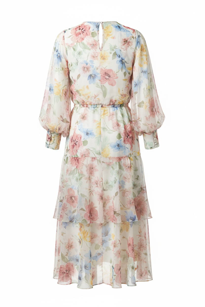 Pastel floral chiffon tiered midi dress - back view on mannequin