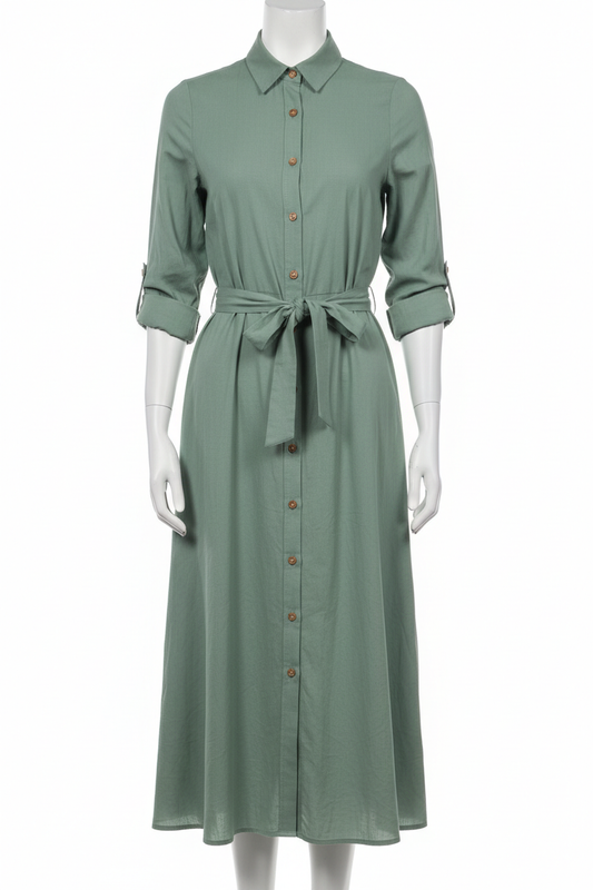 Sage green midi shirt dress - front view 2 on mannequin