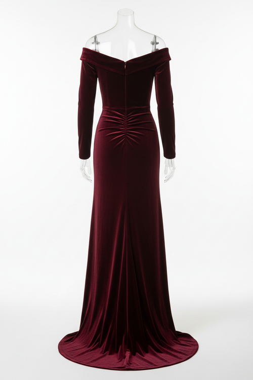 Burgundy velvet evening gown - back view on mannequin