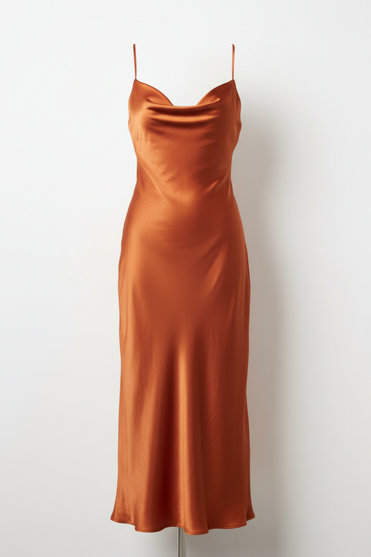 Rust orange satin slip dress - front view 2 on mannequin