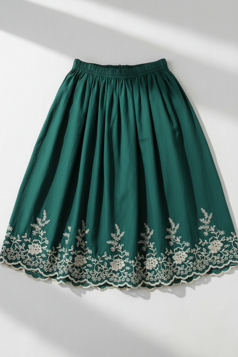 Forest green embroidered midi skirt - front view 1 flat lay