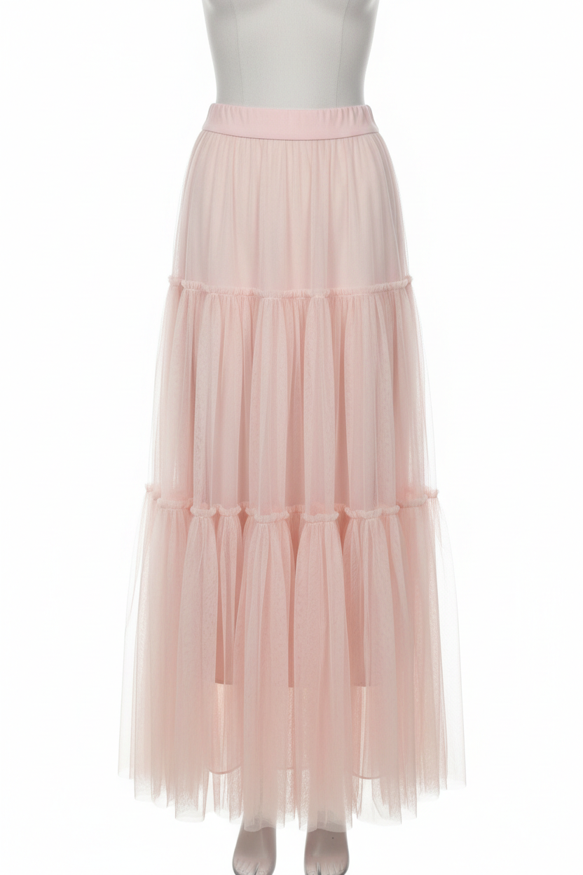 Blush pink tulle maxi skirt - front view 1 on mannequin white background