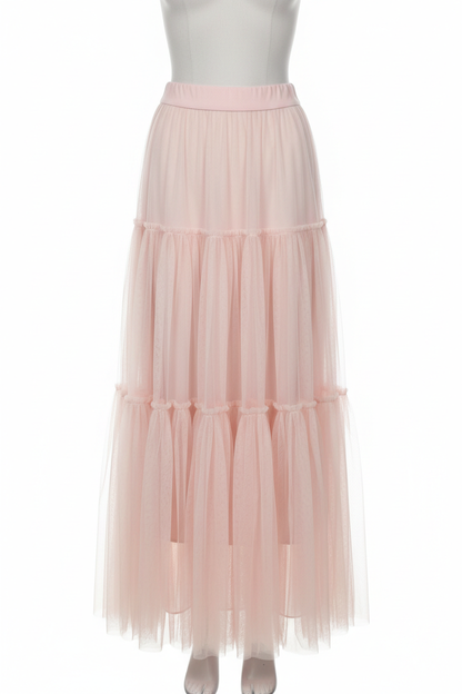Blush pink tulle maxi skirt - front view 1 on mannequin white background
