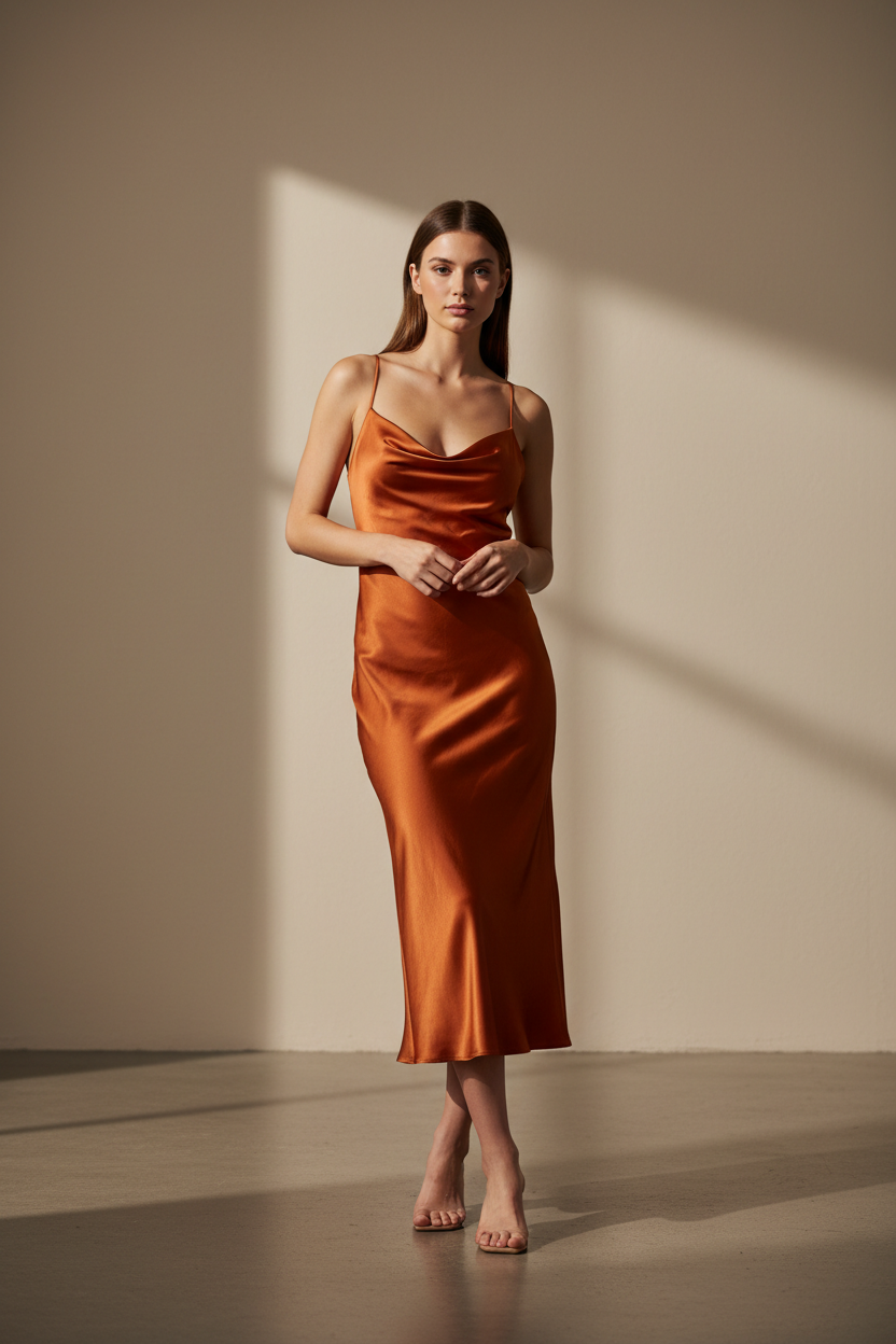 Rust orange satin slip dress - model front view
