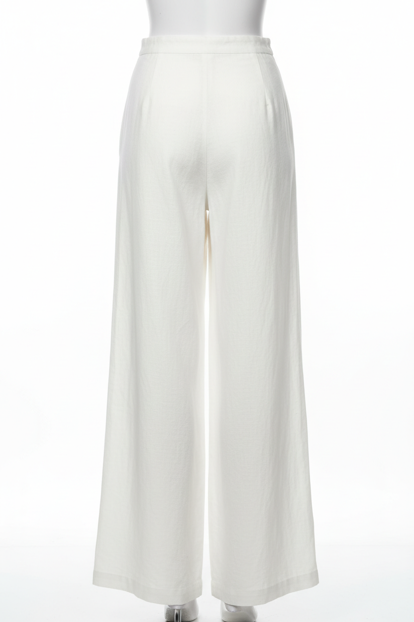 White wide-leg linen trousers - back view on mannequin