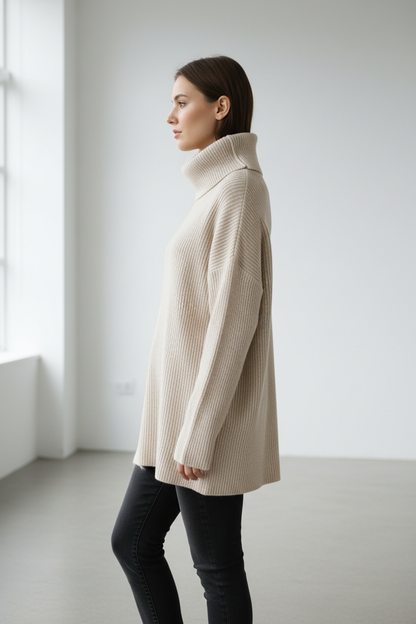 Oatmeal ribbed turtleneck sweater - model side view