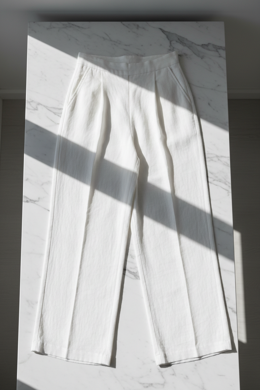 White wide-leg linen trousers - front view 1 flat lay