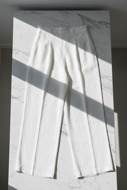 White wide-leg linen trousers - front view 1 flat lay