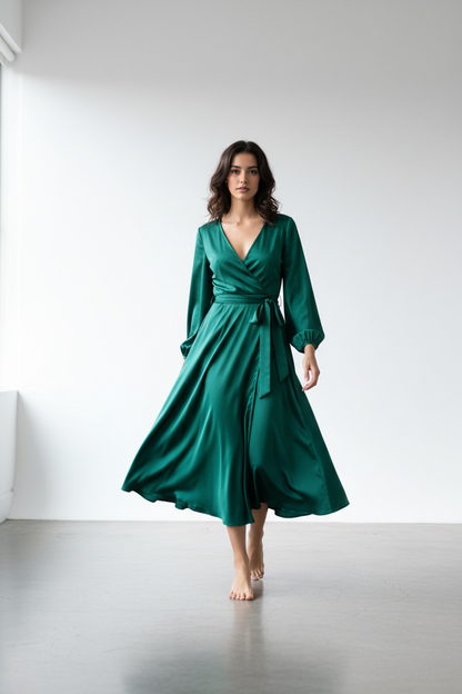 Emerald green satin wrap dress - model front view
