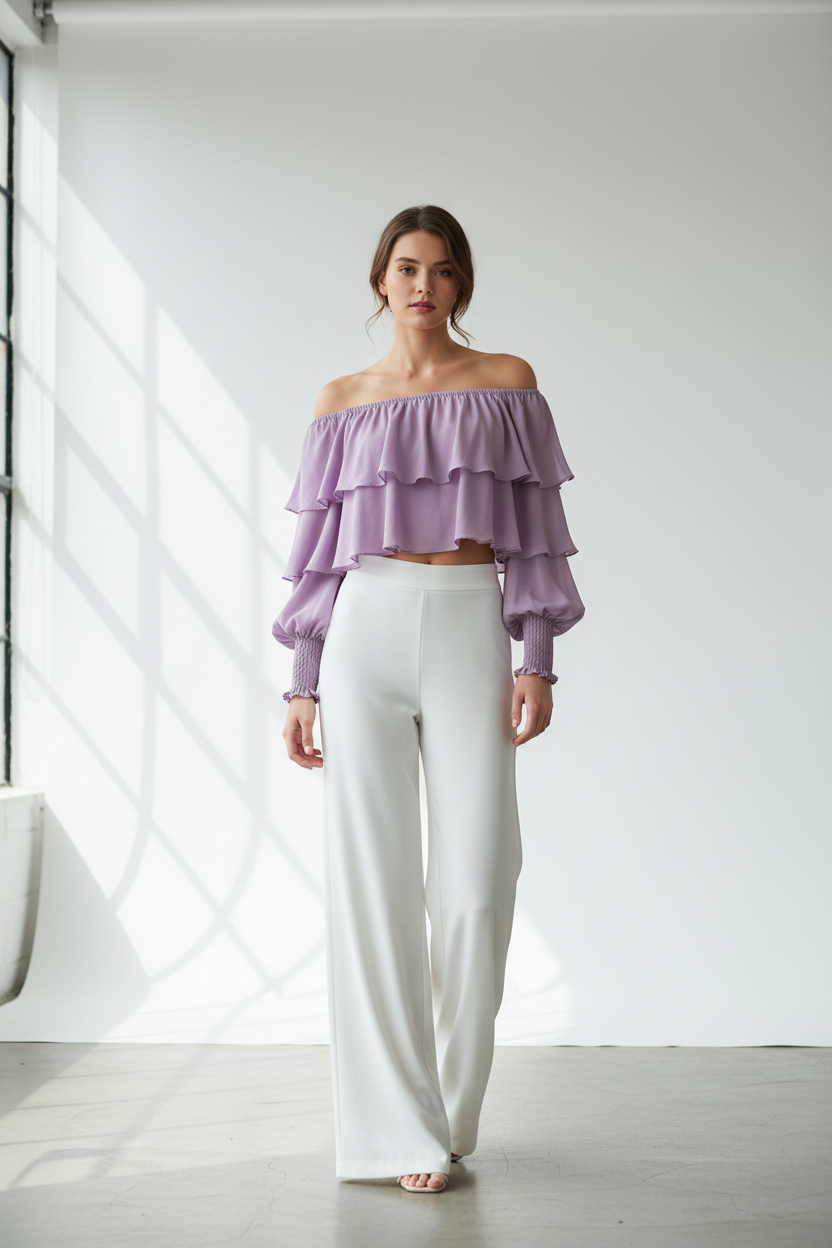 Lilac ruffle off-shoulder crop top - model front view
