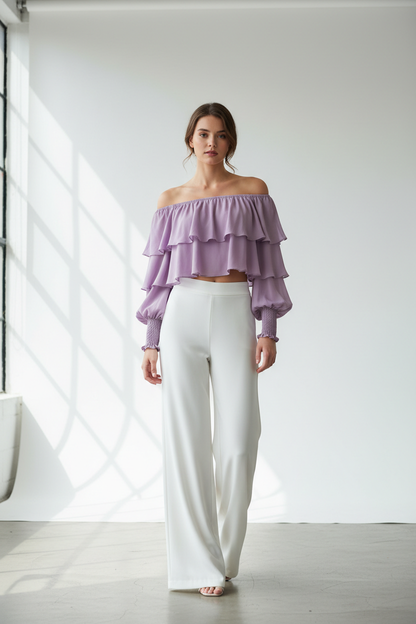 Lilac ruffle off-shoulder crop top - model front view