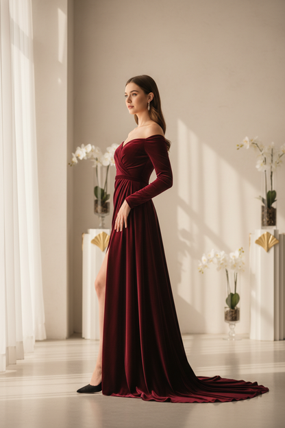 Burgundy velvet evening gown - model side view
